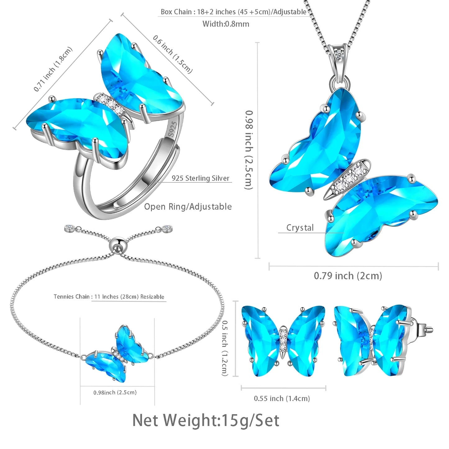 Butterfly Aquamarine 5 Pc Silver Jewelry Set 