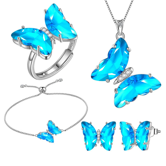 Butterfly Aquamarine 5 Pc Silver Jewelry Set 