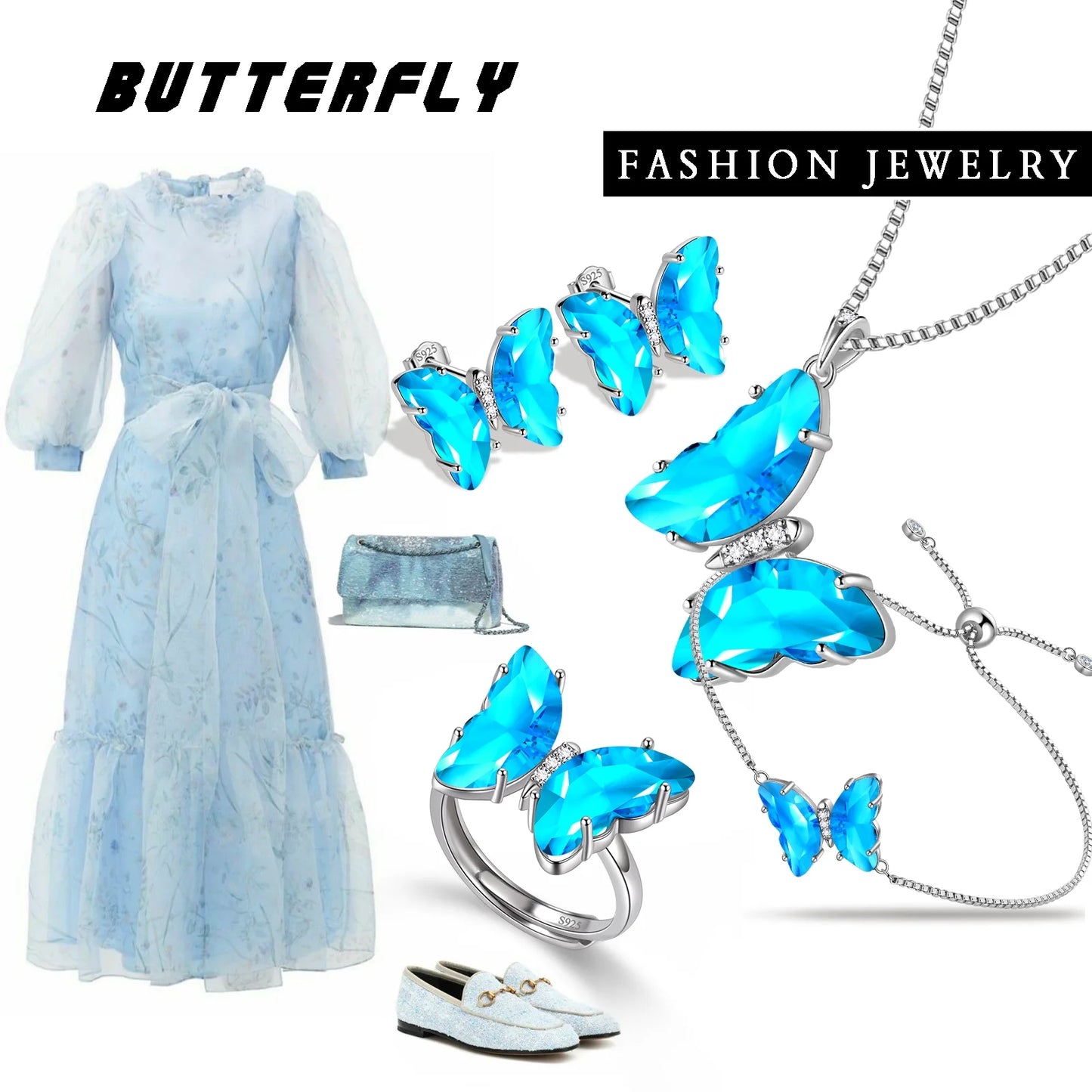 Butterfly Aquamarine 5 Pc Silver Jewelry Set 