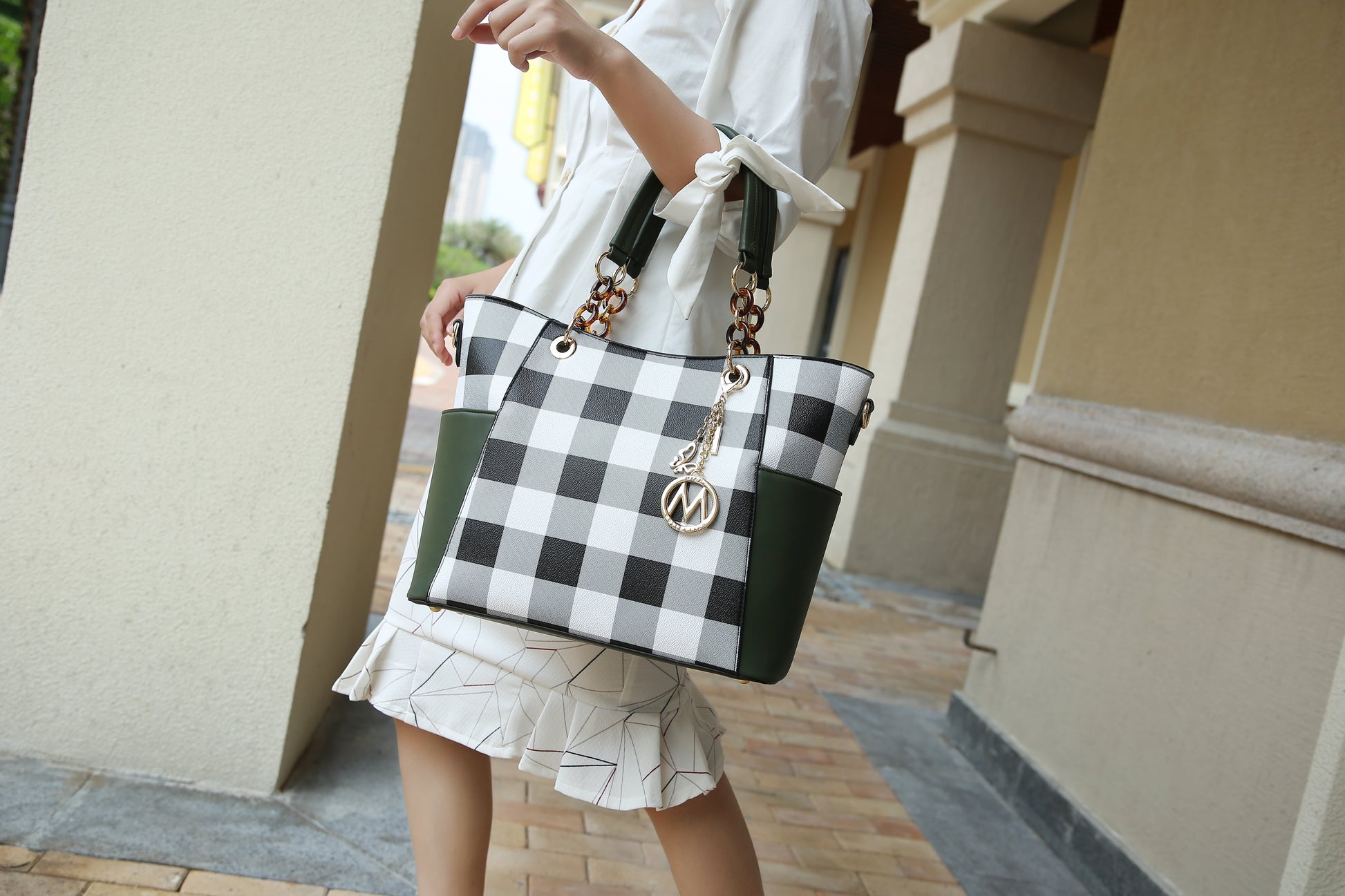 Bonita Checker Tote Bag with Wristlet Wallet